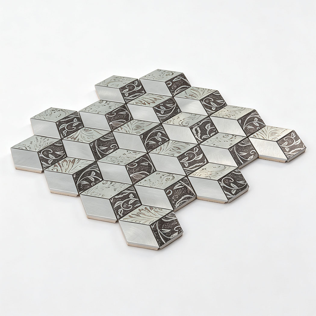 Perspective view of a 3D cube metallic floral mosaic tile sheet.