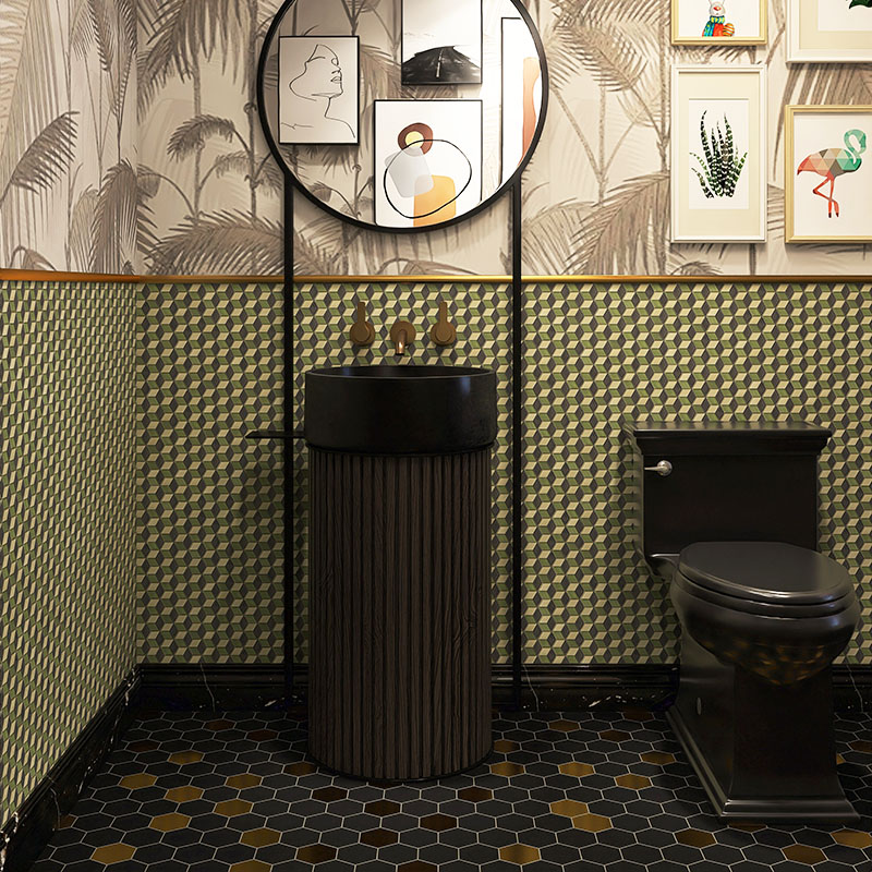 Premium green 3D cube tiles in a modern bathroom with tropical wallpaper and black toilet.