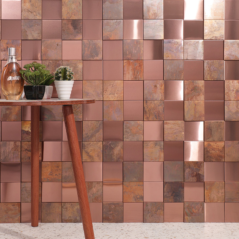 3D square copper mosaic tiles with a vintage distressed patina and brushed rose gold finish.