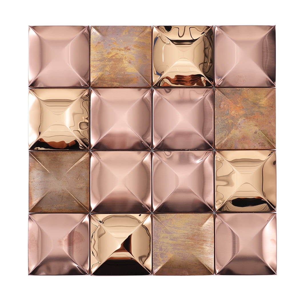 Front view of 3D rose gold and copper metal mosaic tile with glossy and rustic finish.