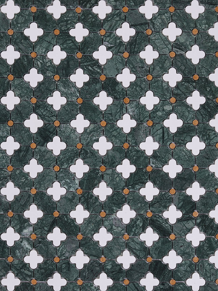  White four-leaf clover marble mosaic tiles with a green background, front view.
