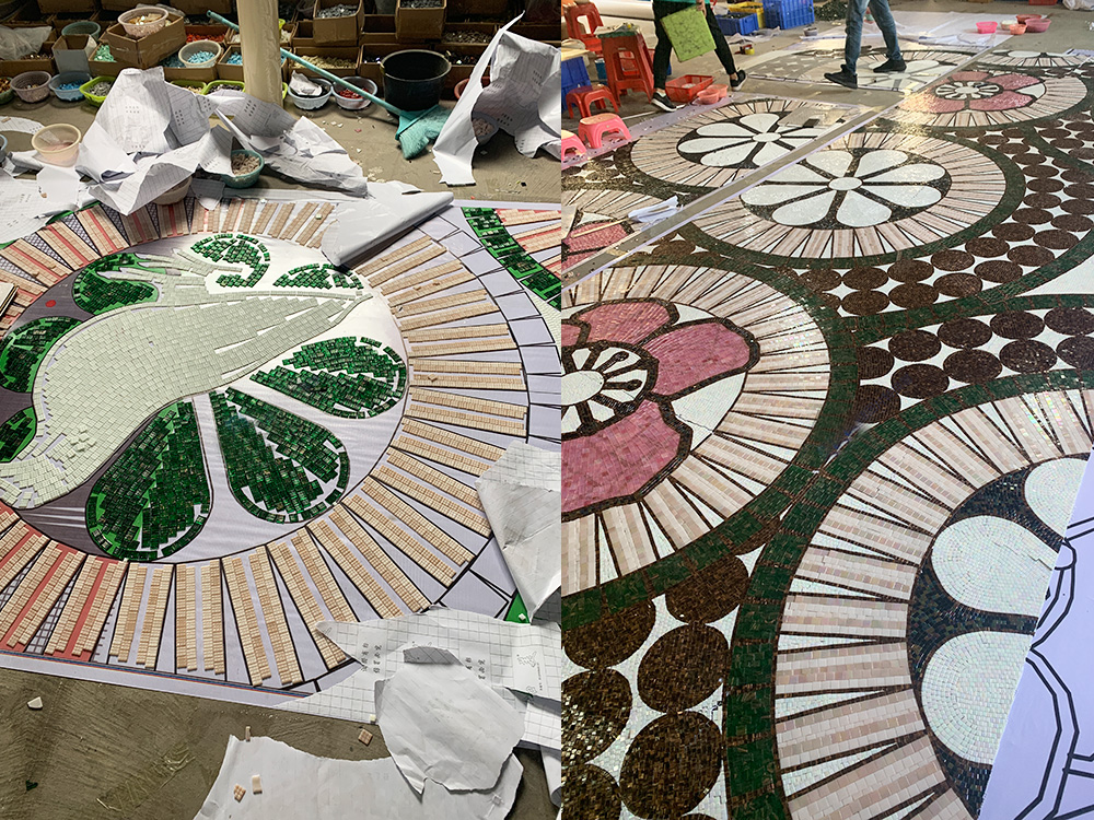 Custom mosaic tile mural production in progress at the factory.