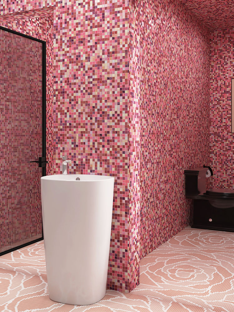 Pink bathroom with rose pattern pixel mosaic tiles on the floor.