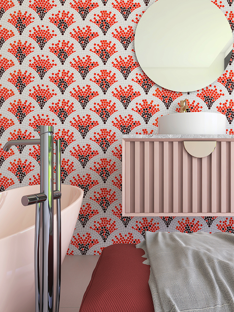 The vibrant red fan-shaped mosaic tiles bring a bold and dynamic flair to the shower backsplash, adding a striking contrast to the bathroom's design.