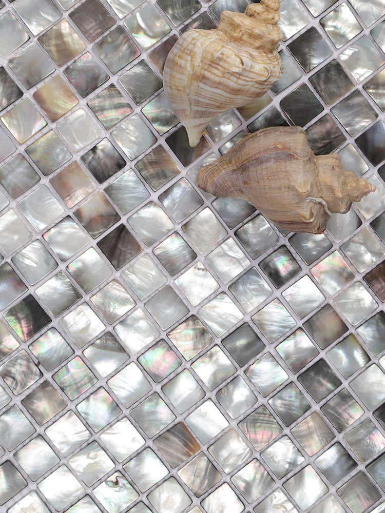 Black mother of pearl mosaic tiles with a seashell beside them.