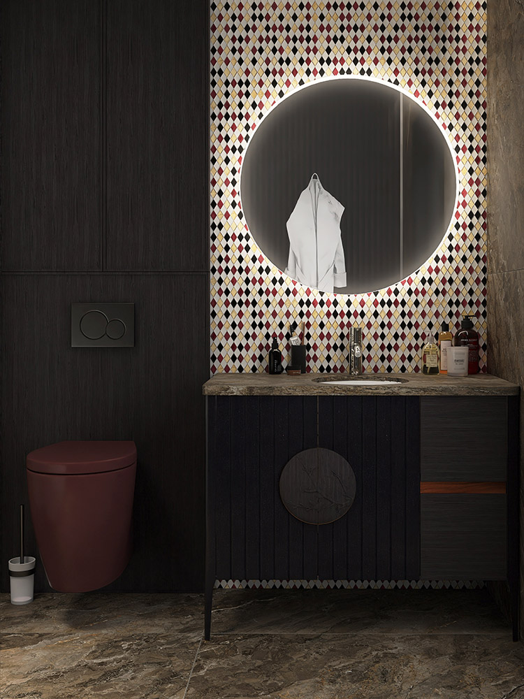 Circular backlit mirror and diamond mosaic tile wall in a modern bathroom