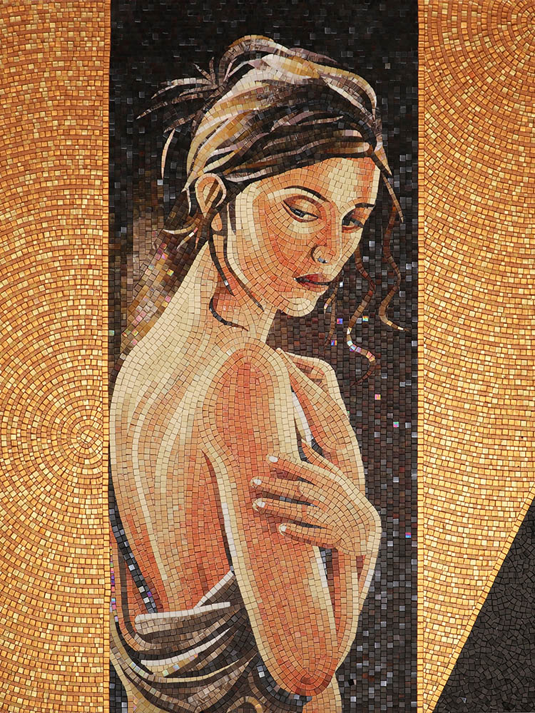 The intricate mosaic portrait showcases detailed craftsmanship, with hand-cut tiles meticulously arranged to form a striking and artistic representation of a person