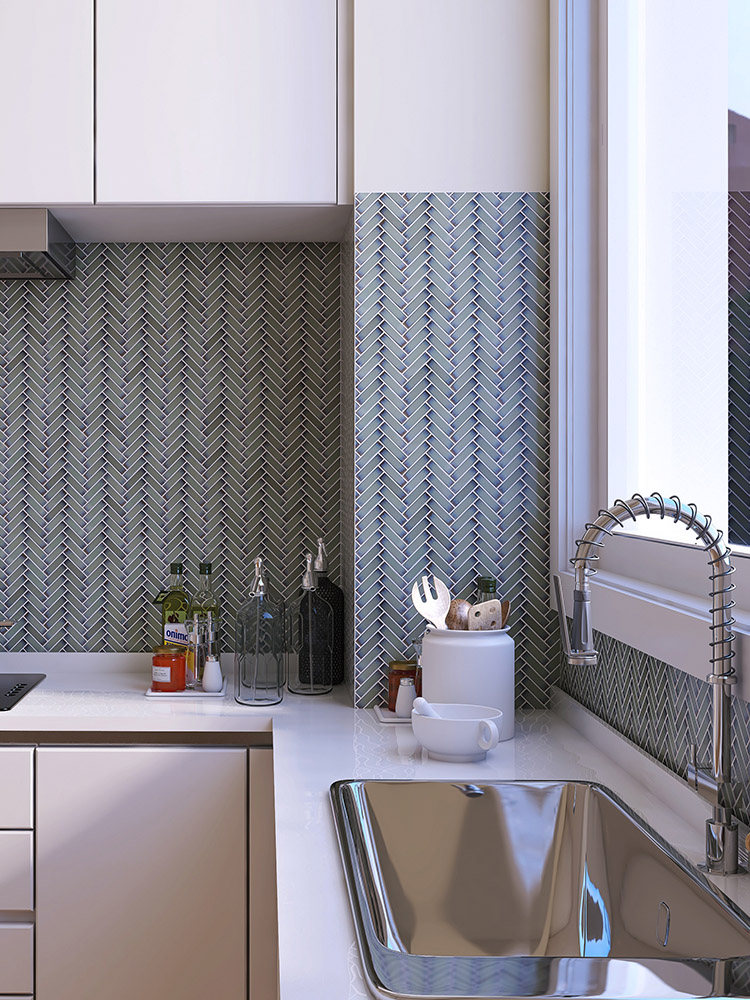 The gray-blue mosaic tiles create a sleek and stylish backsplash, adding a modern and calming touch to the kitchen design.
