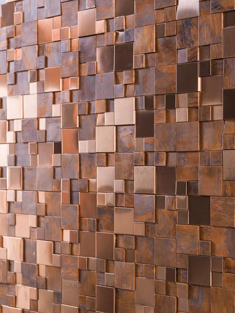 The 3D metal mosaic tiles, blending stainless steel and antique bronze, create a dynamic and textured look on the wall, adding depth and a touch of industrial elegance.
