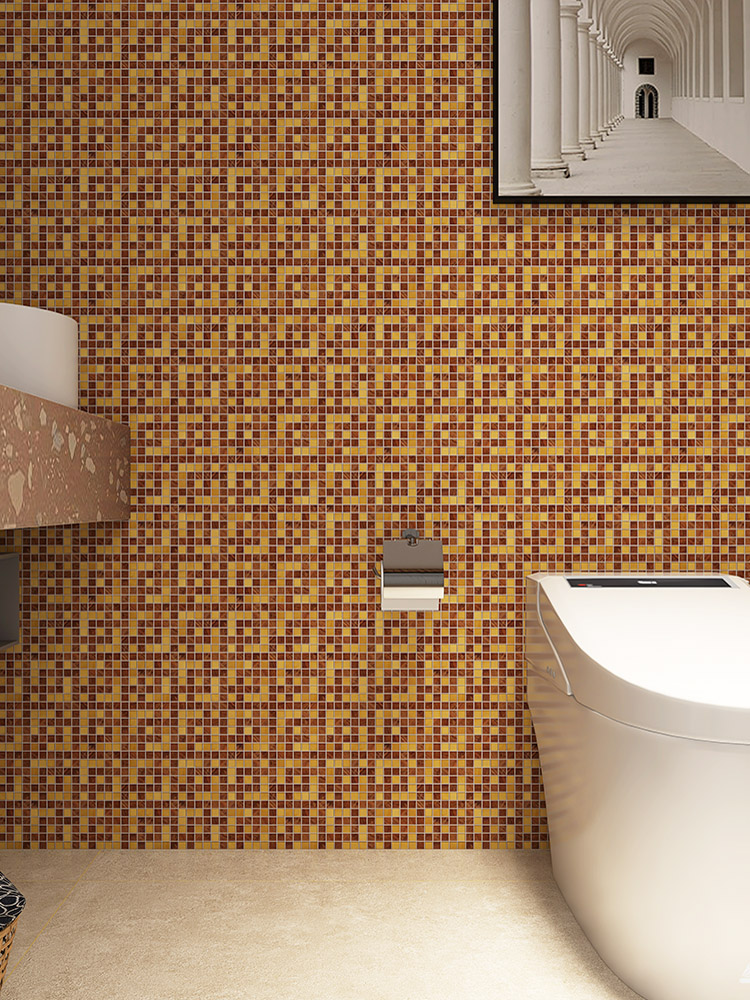 Marble mosaic tiles with geometric patterns on the bathroom wall.