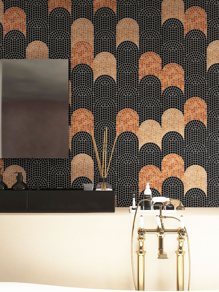 Marble mosaic tiles in a fish scale pattern, hand-assembled with various natural marble colors.