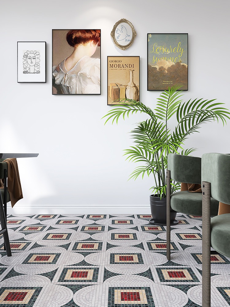 Marble mosaic tiles patterned on the floor in a vintage style.