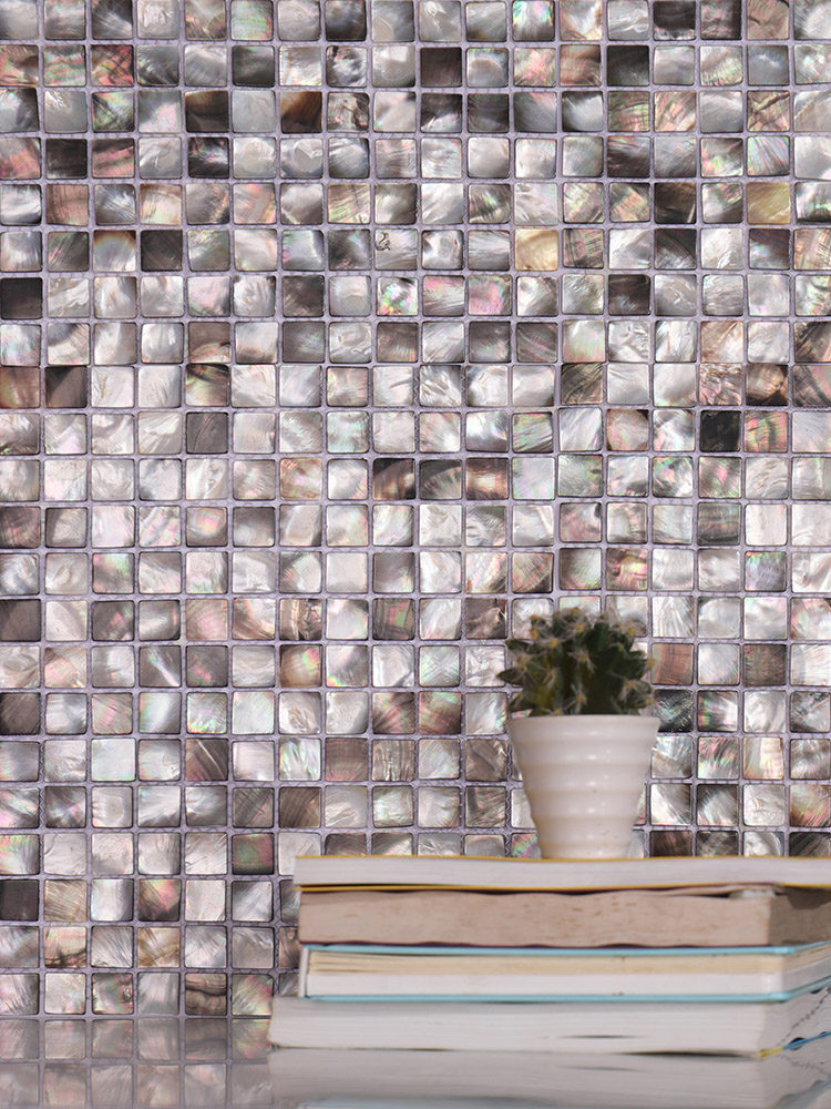 Square black mother of pearl mosaic tiles with green plants and books in front.