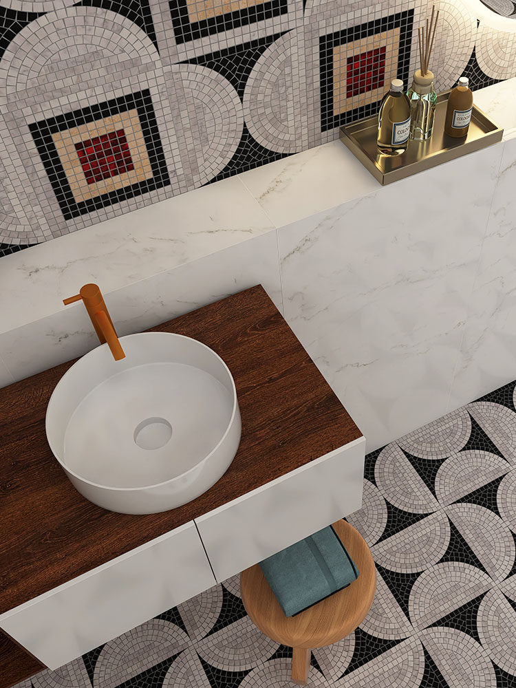 Black and white natural stone mosaic tiles on the bathroom wall and floor with a vanity