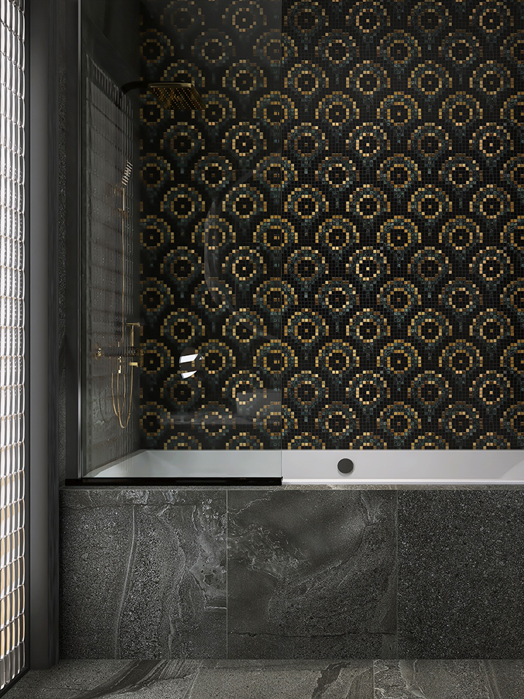 Black and green marble with stainless steel mosaic tiles in a fish scale pattern 