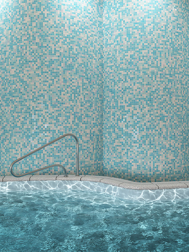 Curved wall by the pool covered with blue and white mosaic tiles.
