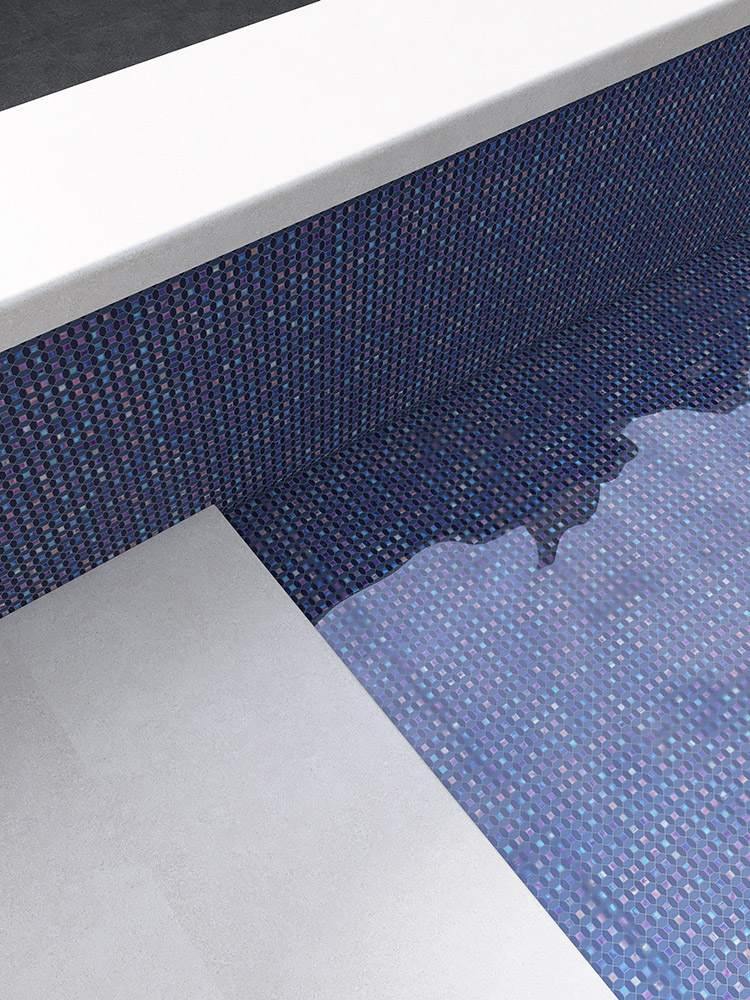 Blue iridescent mosaic tiles visible through the water in the pool.