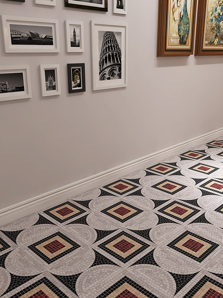Marble mosaic tiles in a handmade flower pattern on the floor.