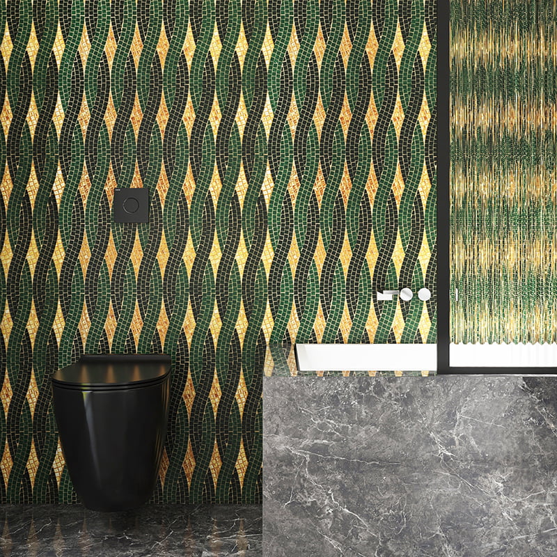 Bathroom with green and gold mosaic tiles in a continuous pattern.
