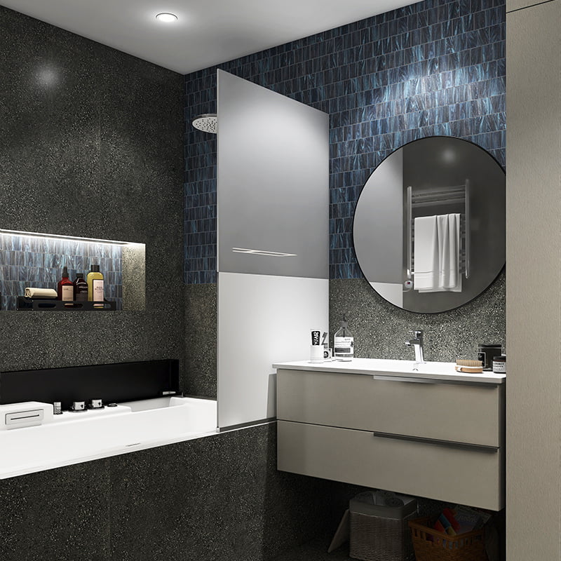 Rectangle shower tile design with bathtub and vanity
