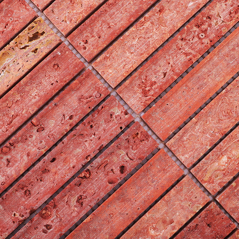 Red travertine tile shower wall with natural stone texture and linear pattern