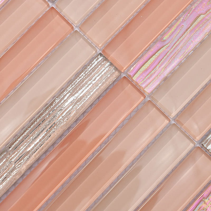 Iridescent crystal glass mosaic tiles in pink and silver rectangular pattern
