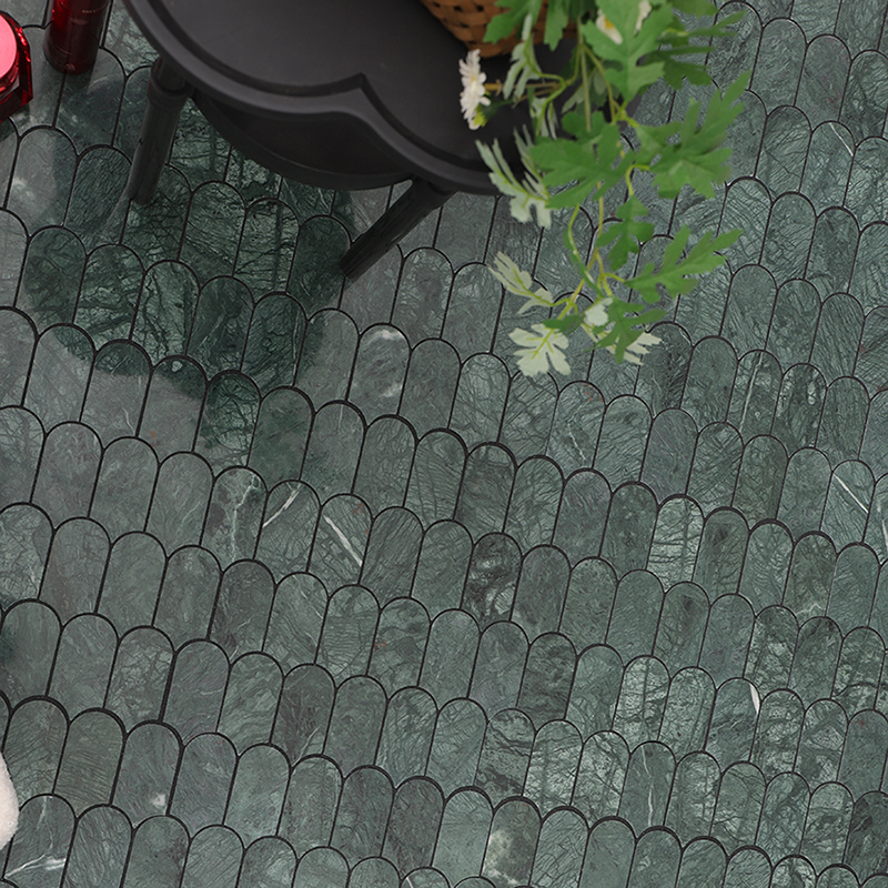 Detailed view of elongated Indian Green Marble Fish Scale Mosaic Tiles