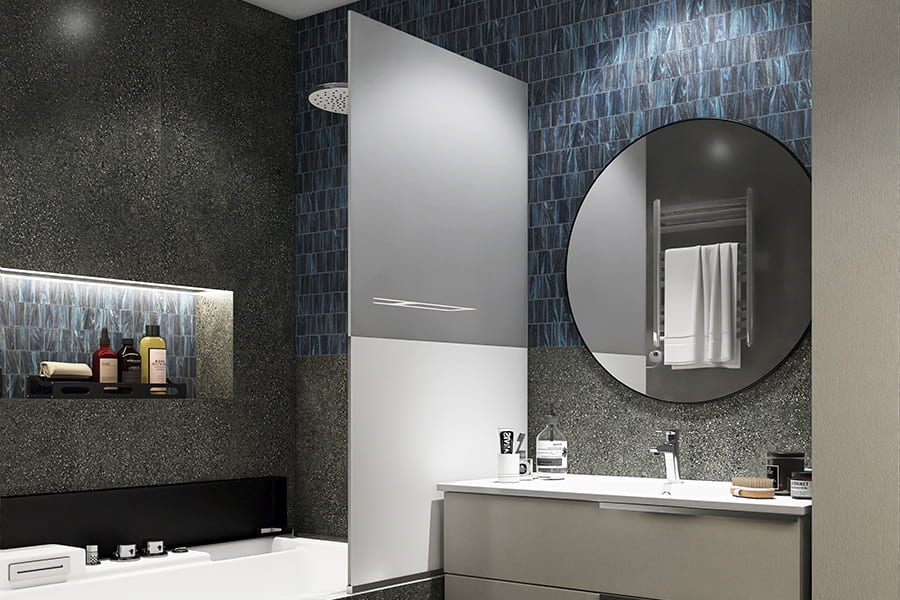 Rectangle shower tile in modern bathroom with blue wall tiles