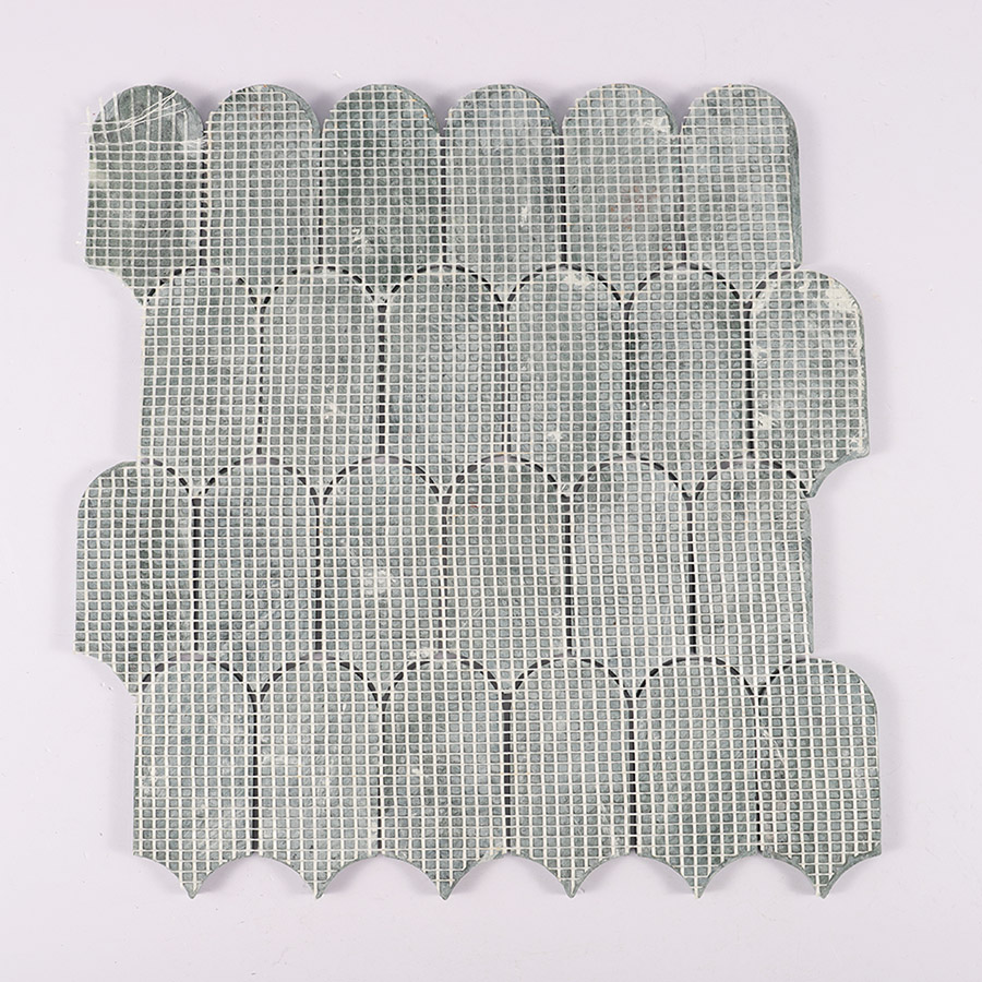 Back view of Indian green fan polished marble mosaic tile with mesh backing.