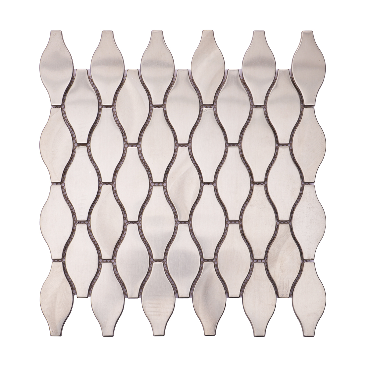 Full view of silver stainless steel arabesque mosaic backsplash tile.