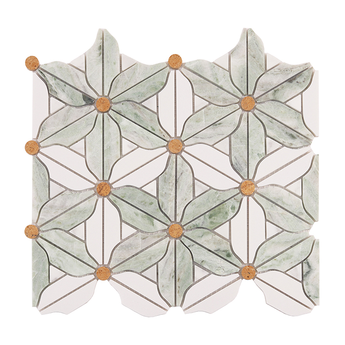 Front view of a sheet of marble floral mosaic tiles.