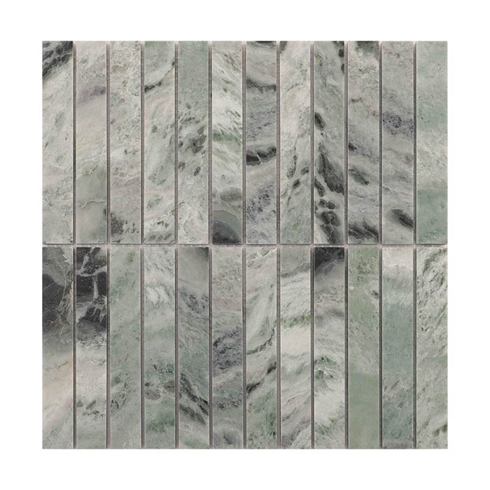 Front view of a sheet of emerald green marble mosaic tiles in vertical strips.