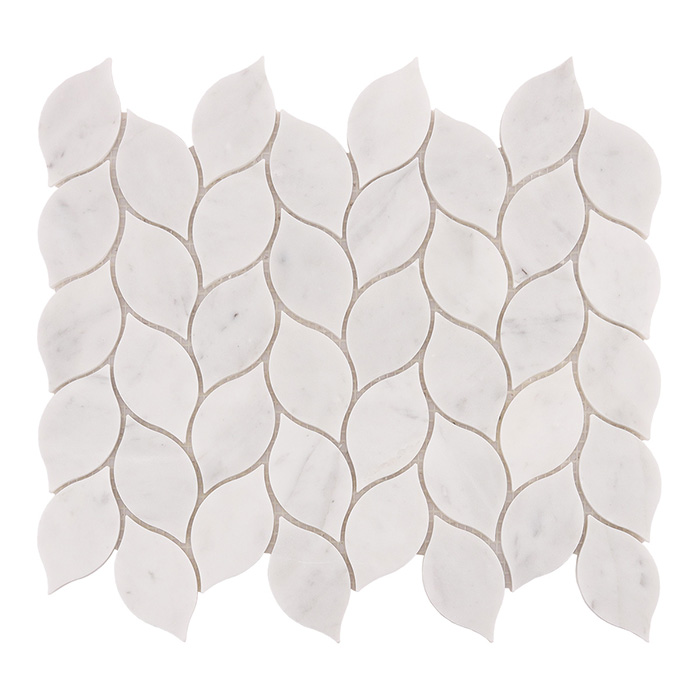 Front view of a sheet of white left-chevron marble mosaic tiles.