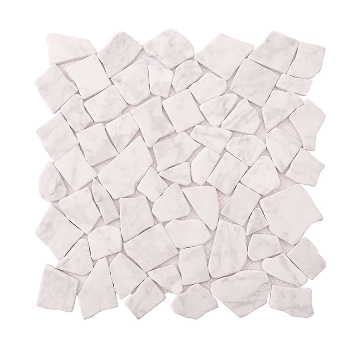 Front view of a sheet of white marble cracked mosaic tiles with fragment pieces.