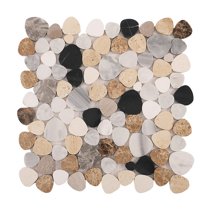Front view of a sheet of black and beige mixed pebble marble mosaic tiles.