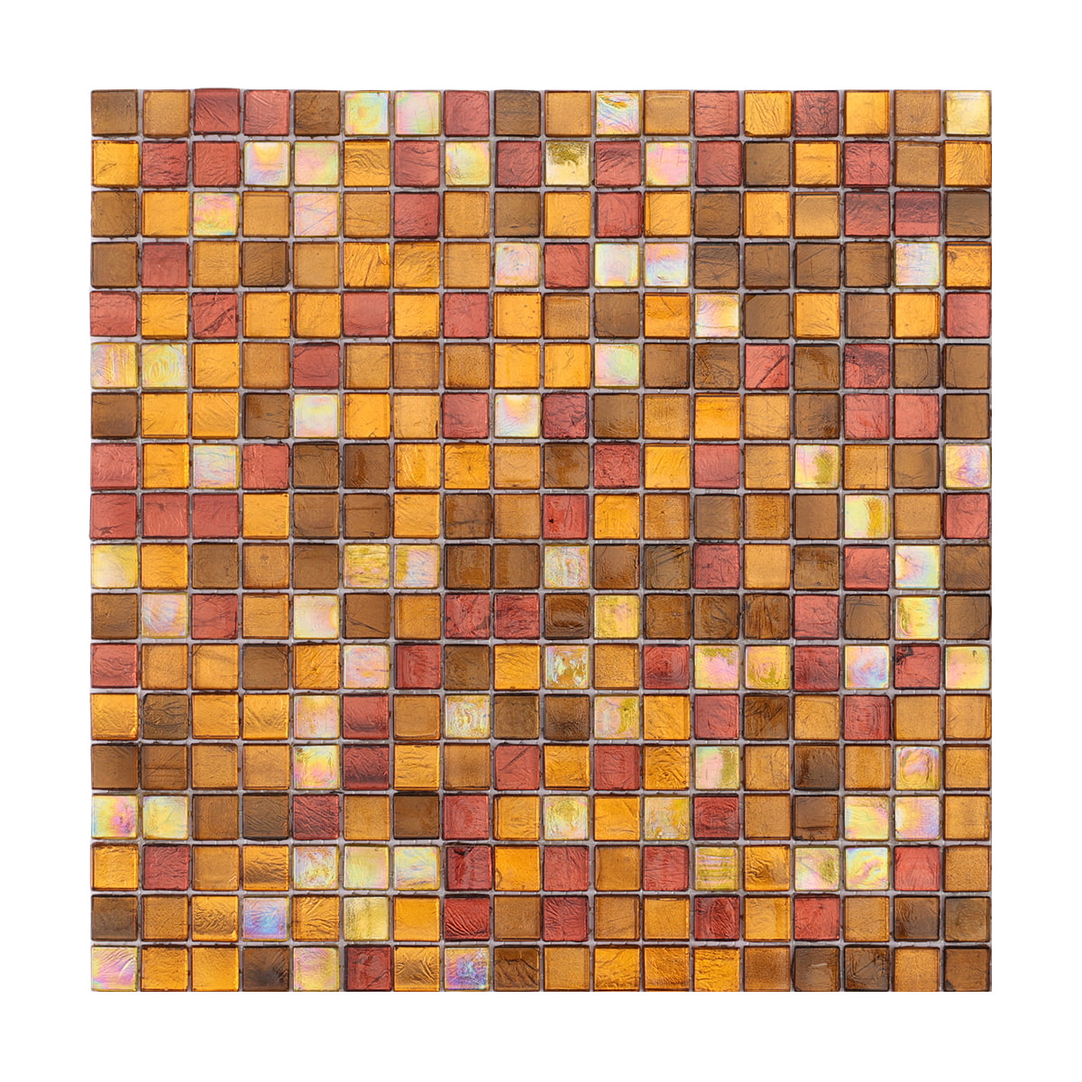 Square glass mosaic tiles in shades of gold, bronze, and red with a glossy, radiant effect