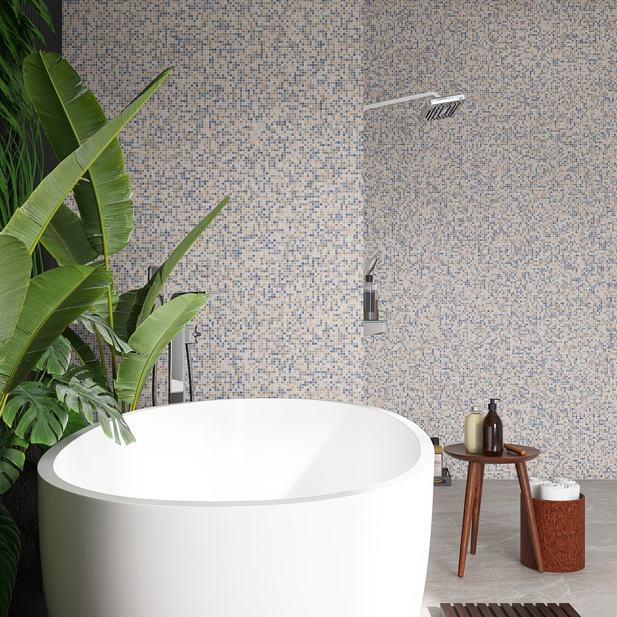 A tropical-inspired bathroom with a blue mosaic tile backdrop, creating a serene atmosphere
