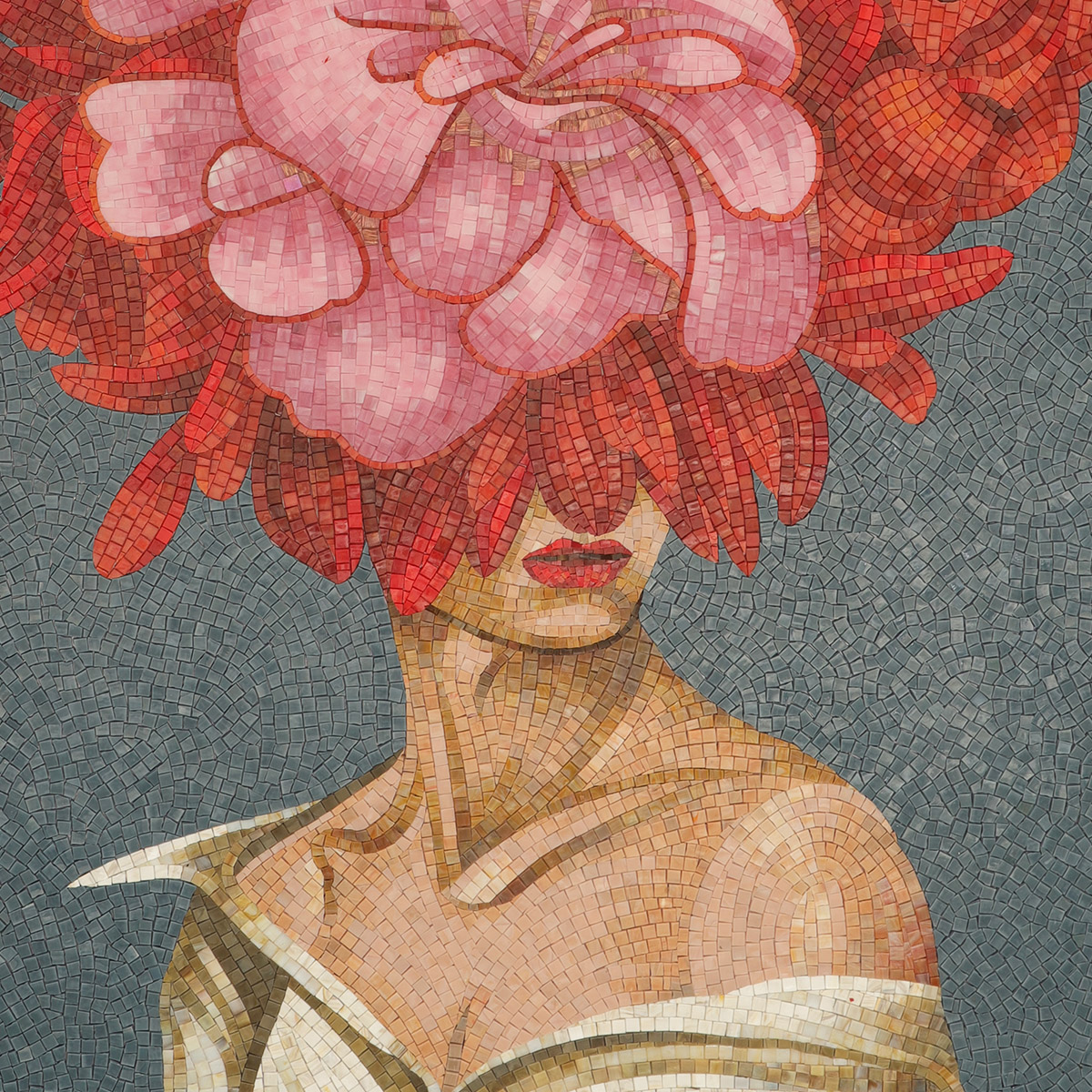 Abstract woman glass mosaic mural with red flowers and gray background