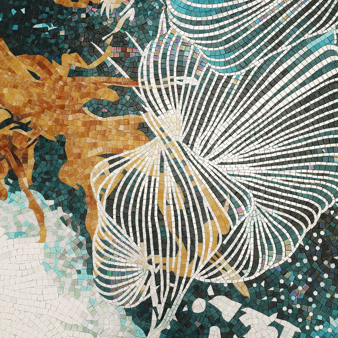 Abstract line handmade mosaic mural with golden texture and white curved patterns