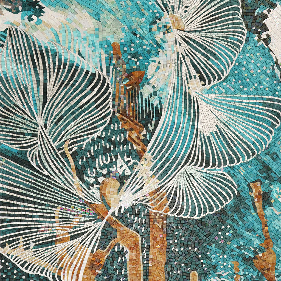 Abstract line handmade mosaic mural with teal background and white flowing shapes