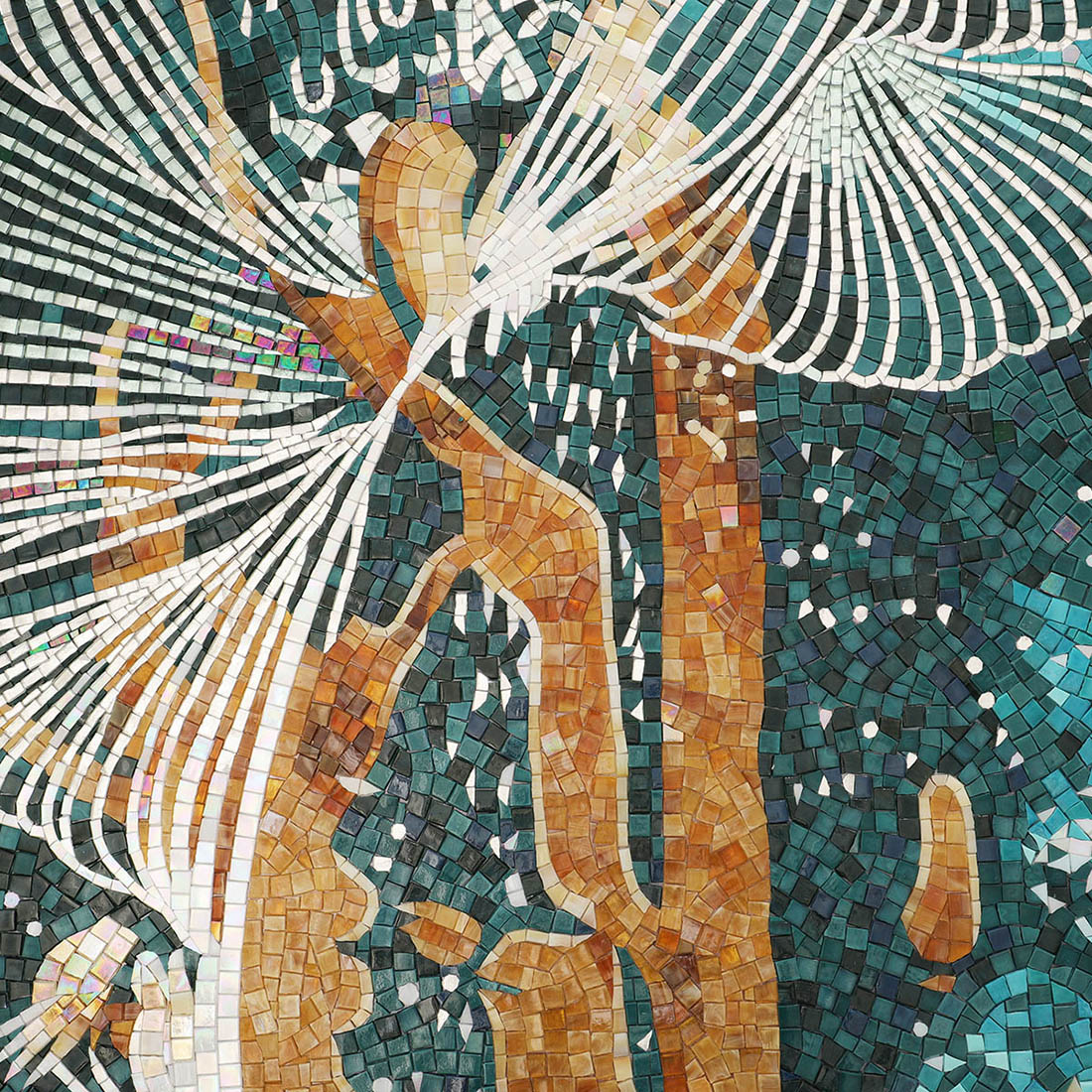 Abstract handmade mosaic mural with gold branch details and dark teal background