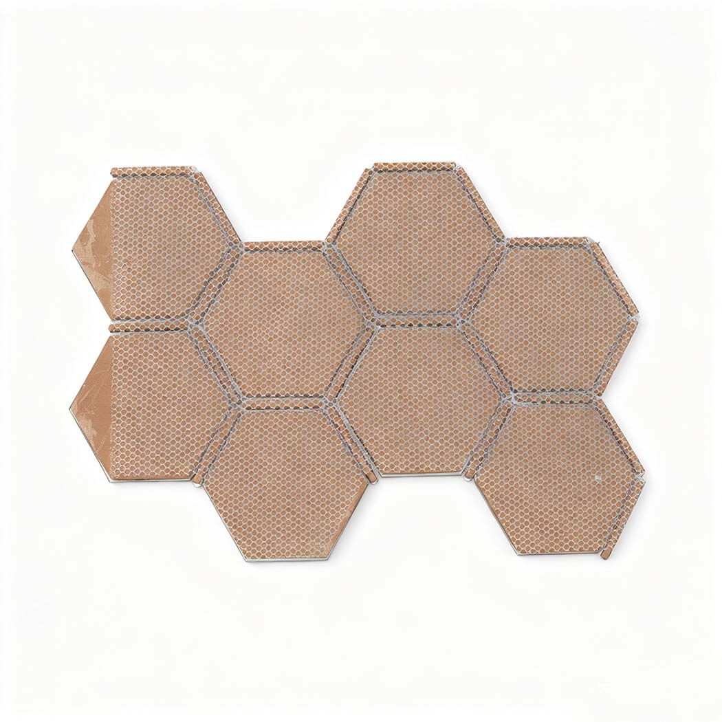 Back view of blue brown and gold aluminum hexagon mosaic tile sheet with mesh backing