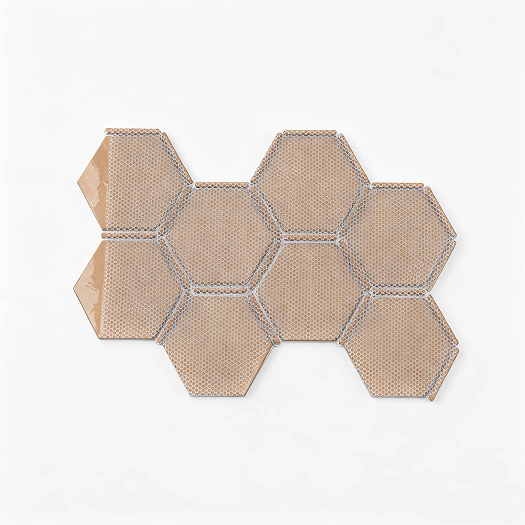 Back view of teal brown and burgundy aluminum hexagon mosaic tile sheet with mesh backing