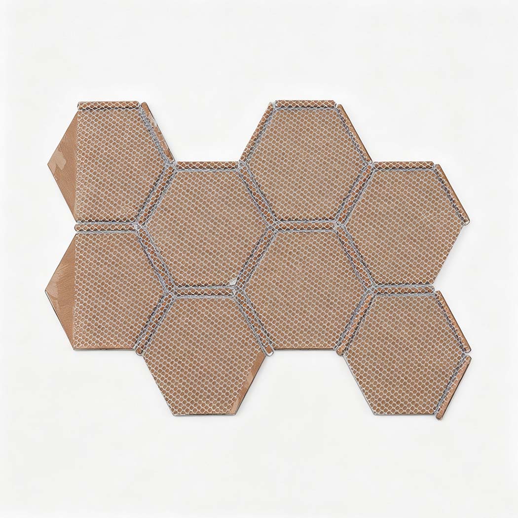 Back view of mixed aluminum hexagon mosaic tile sheet with mesh backing