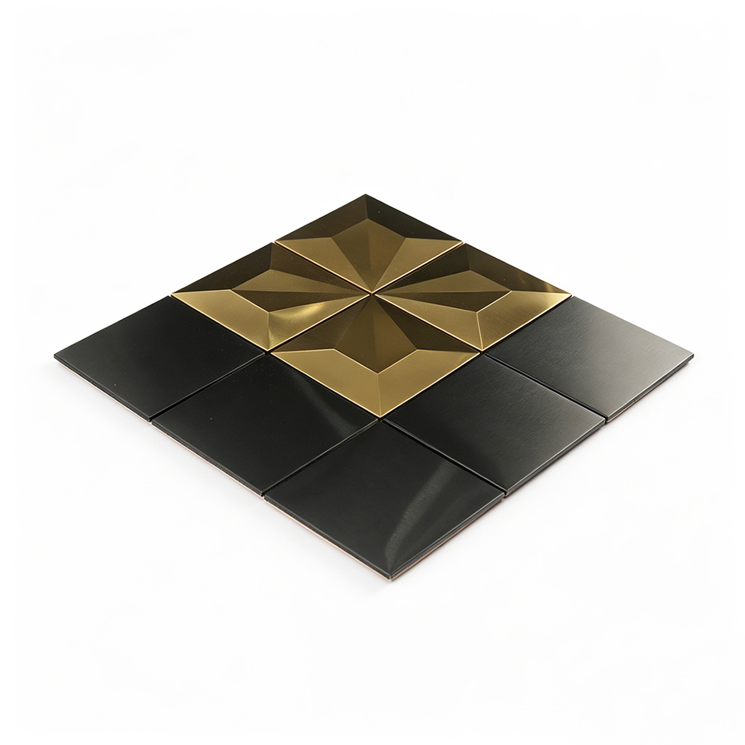 Angled view of black and gold 3D square metal mosaic tile sheet