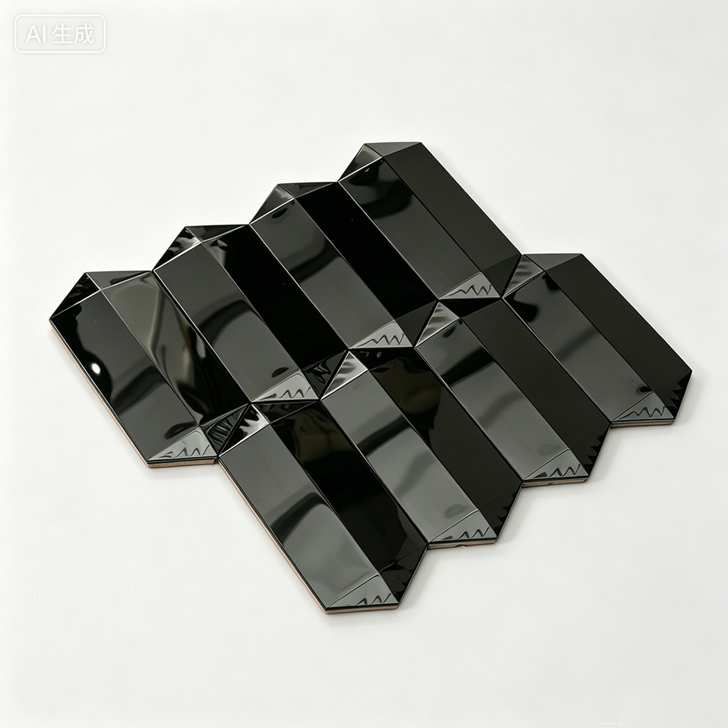 Angled view of black mirror picket mosaic tile sheet with reflective 3D bevels