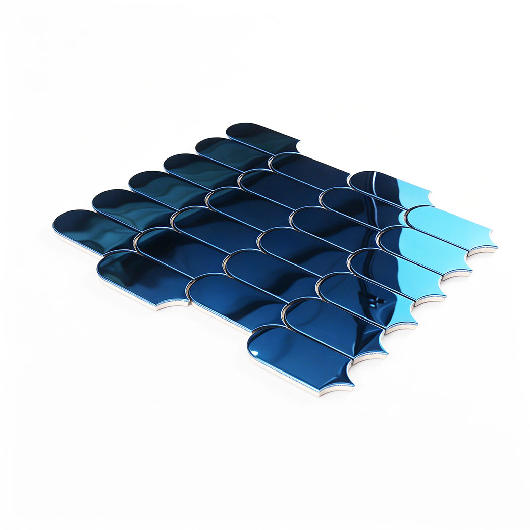 Angled view of blue arch metal mosaic tile sheet with glossy reflective finish