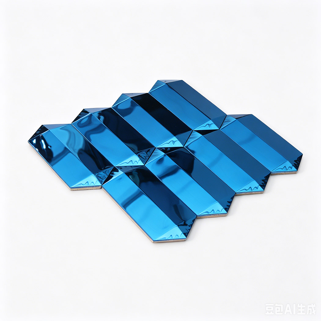 Angled view of blue mirror picket mosaic tile sheet with reflective 3D bevels