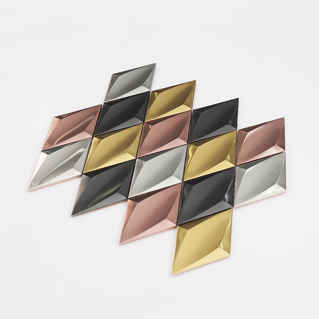 Angled view of a multicolor 3D diamond metal mosaic tile sheet.