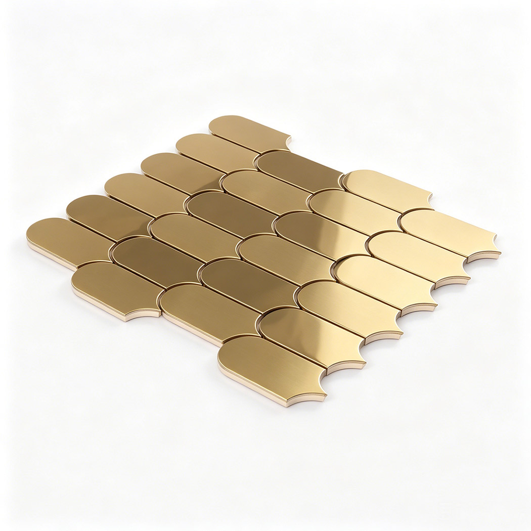 Angled view of gold arch metal mosaic tile sheet with layered curved pattern